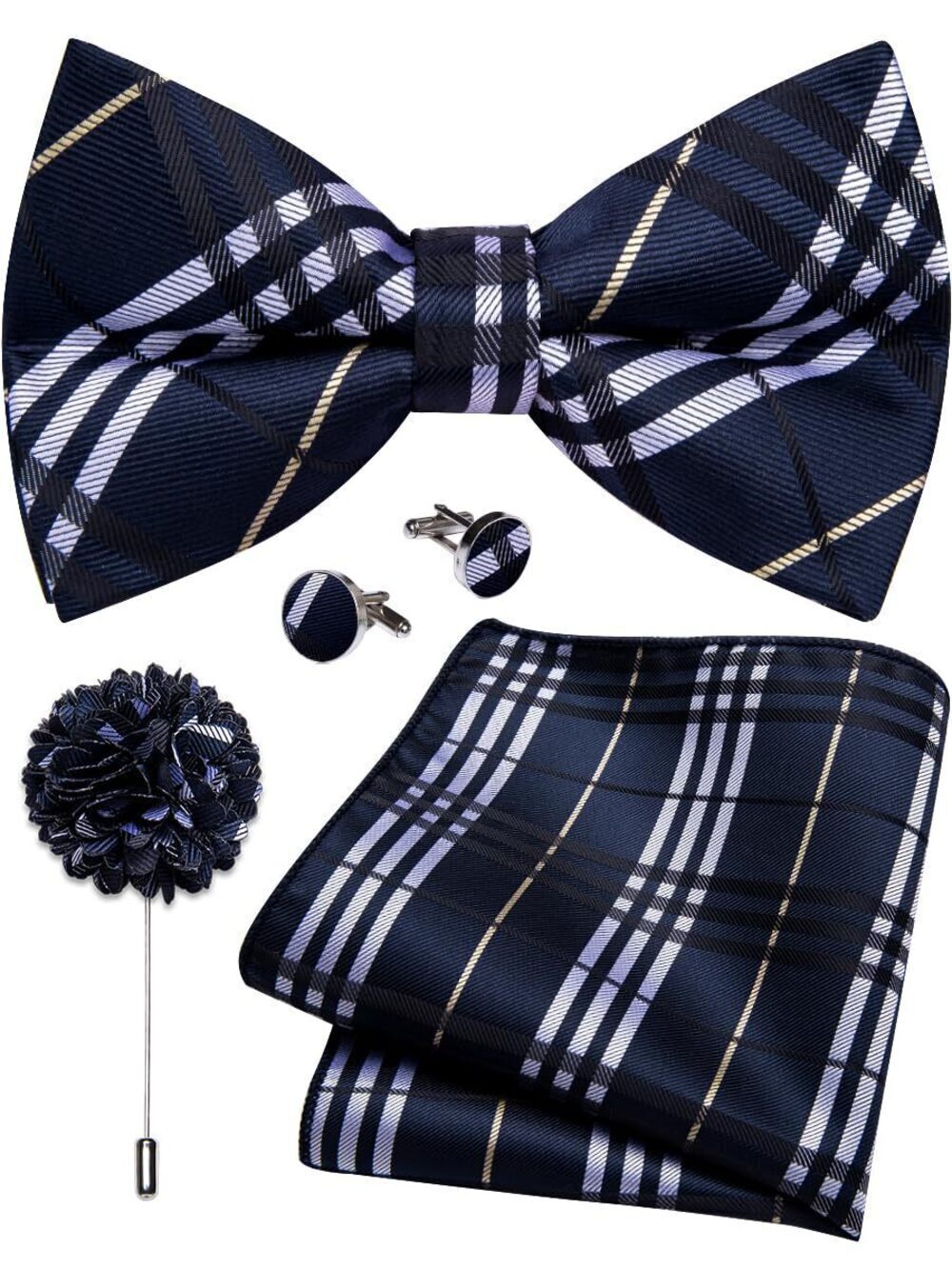 3517 Blue Bow Tie Plaid Pre-tied Tuxedo Bowties Pocket Square Cufflink